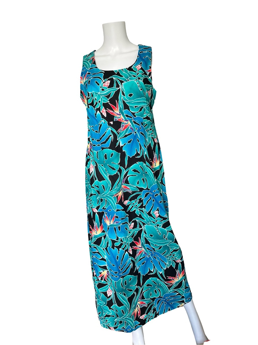 Vintage Hilo Hattie Hawaiian Maxi Dress Tropical Palm Leaf Print Size 16
